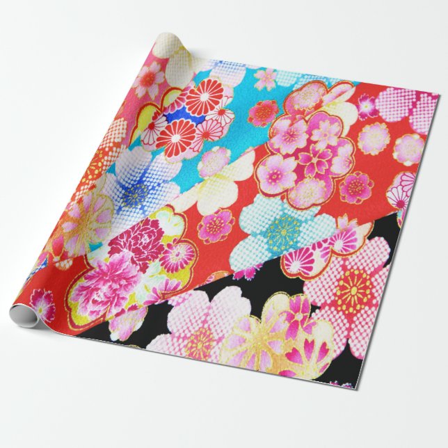 Red Blue Pink Japanisch Kimono Blumendekoupage Geschenkpapier (Ungerollt)