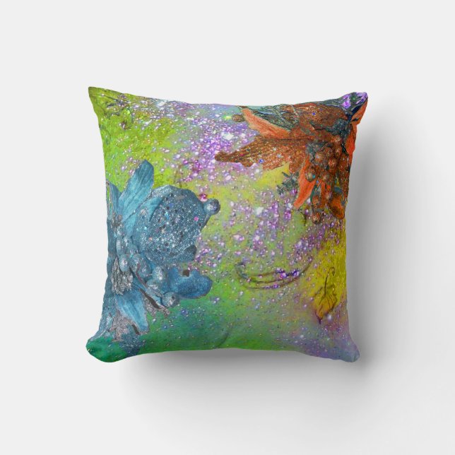 RED BLUE POINSETTIAS, XMAS STARTEN IN GRÜNEN GLITZ KISSEN (Vorderseite)