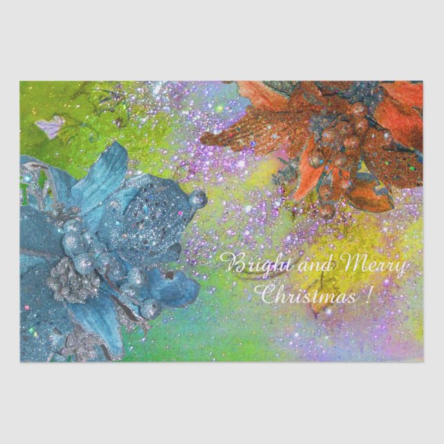 RED BLUE POINSETTIAS, XMAS STARTEN IN GRÜNEN GLITZ SEIDENPAPIER (Vorderseite)