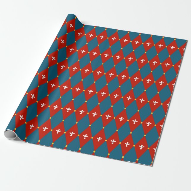 Red Blue Raute oder Diamond Motif Wrapping Paper Geschenkpapier (Ungerollt)