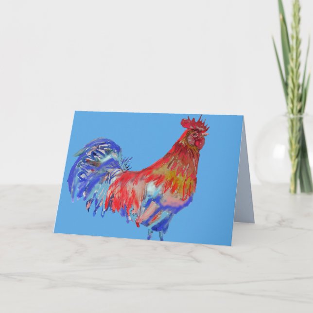 Red Blue Rooster Chicken Bird Watercolor Card Karte (Vorderseite)