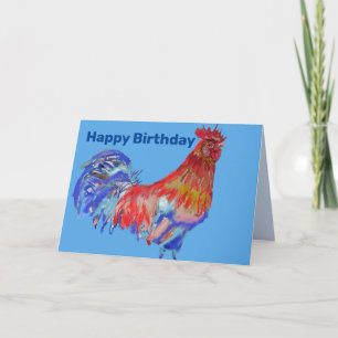 Red Blue Rooster Watercolor Man's Birthday Card Karte