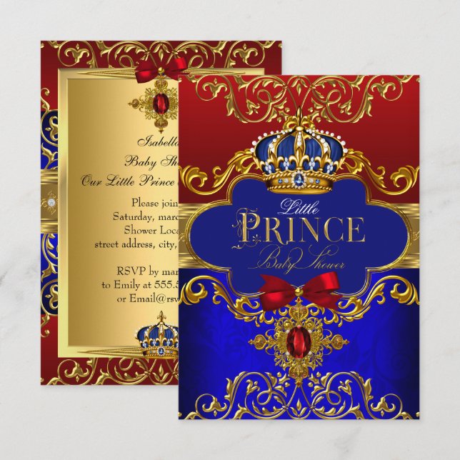 Red Blue Royal Crown Litce Prince Baby Dusche Einladung (Vorne/Hinten)