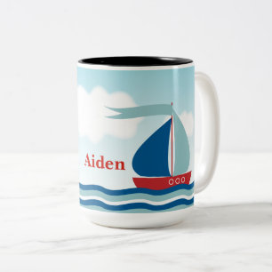 Red & Blue Sailboat auf Water Waves, Personalisier Zweifarbige Tasse