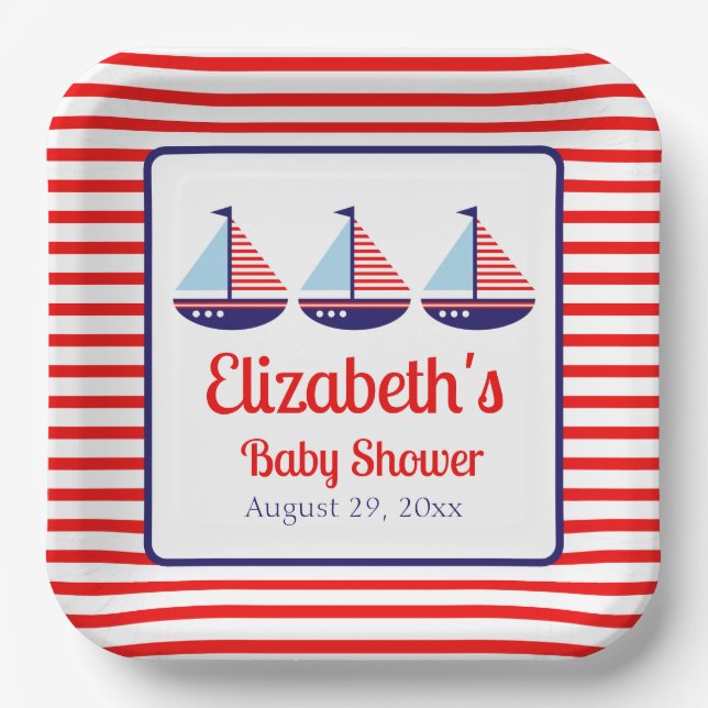 Red Blue Sailboat Babydusche Pappteller (Vorderseite)