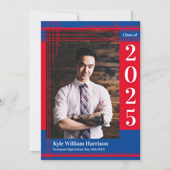 Red Blue School Color Abschluss Foto Kariert Einladung (Vorderseite)