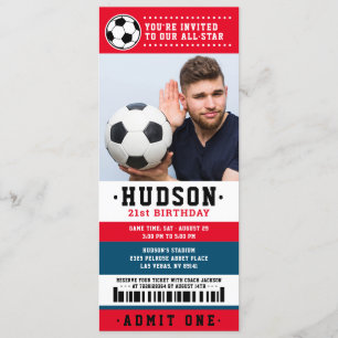 Red Blue Soccer Ticket Geburtstagsparty Foto Einladung