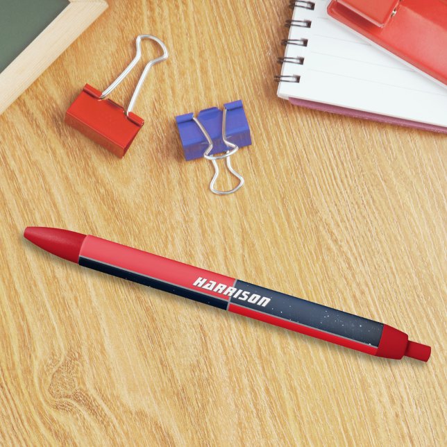Red Blue Space als Personalisiert Kugelschreiber (A modern pen with bold red rectangles and dark blue space design, personalized with a name)