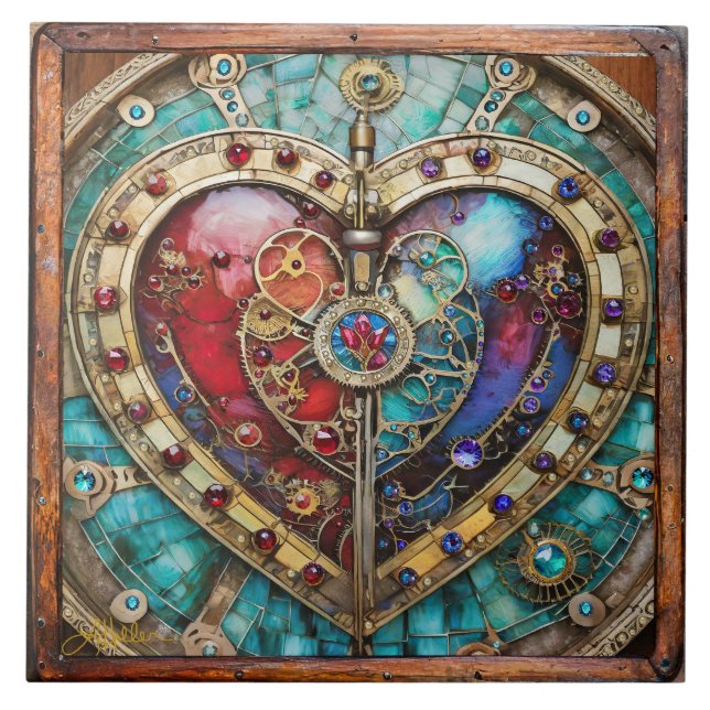 Red & Blue Stached Glass Heart Steampunk Serie Fliese (Vorderseite)