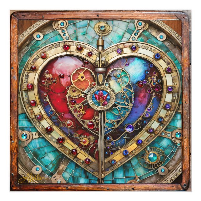 Red & Blue Stached Glass Heart Steampunk Serie Fotodruck (Vorne)