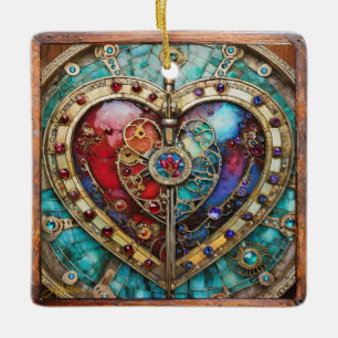 Red & Blue Stached Glass Heart Steampunk Serie Keramikornament