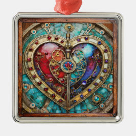 Red & Blue Stached Glass Heart Steampunk Serie Ornament Aus Metall