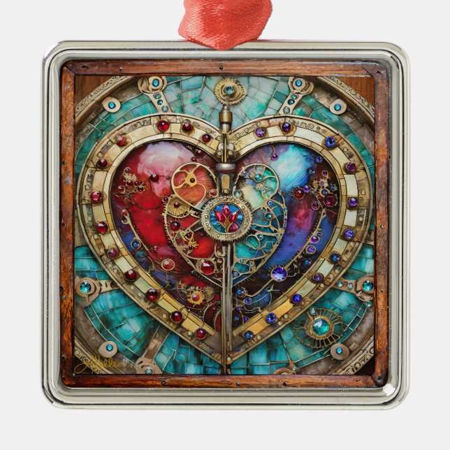 Red & Blue Stached Glass Heart Steampunk Serie Ornament Aus Metall (Vorne)
