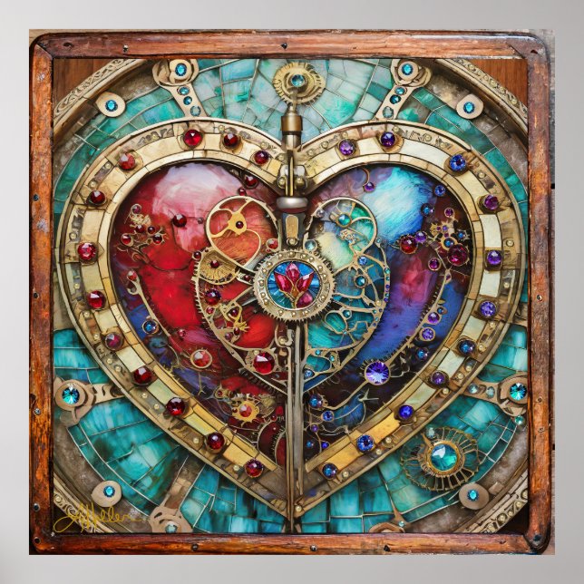 Red & Blue Stached Glass Heart Steampunk Serie Poster (Vorne)