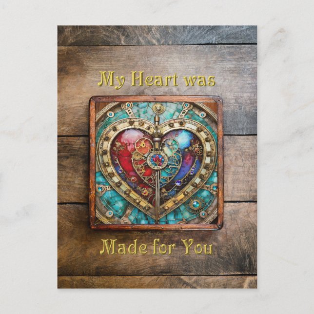 Red & Blue Stached Glass Heart Steampunk Serie Postkarte (Vorderseite)