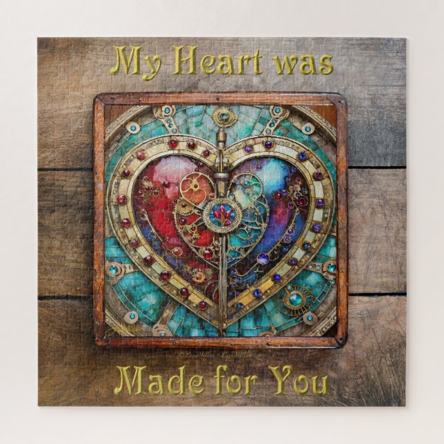 Red & Blue Stached Glass Heart Steampunk Serie Puzzle (Vertikal)
