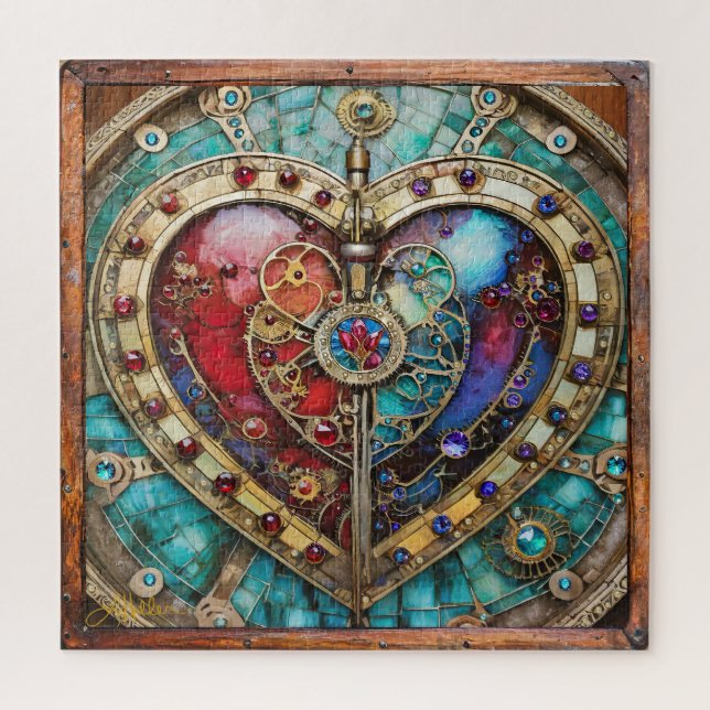 Red & Blue Stached Glass Heart Steampunk Serie Puzzle (Vertikal)