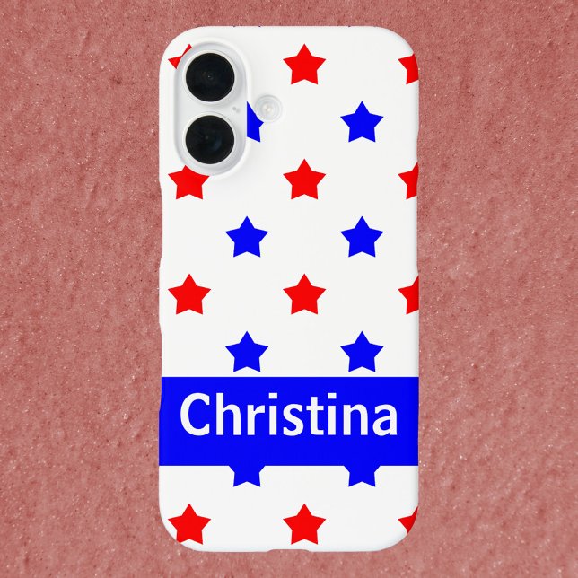 Red Blue Star Muster White Background Personalize Case-Mate iPhone Hülle (A phone with red and blue stars and text you can personalize!)