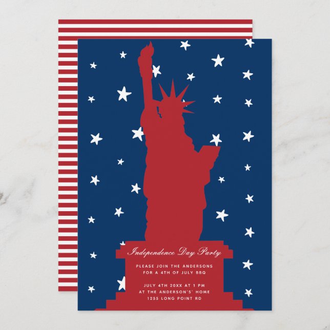 Red Blue Stars Statue of Liberty 4. Juli Party Einladung (Vorne/Hinten)
