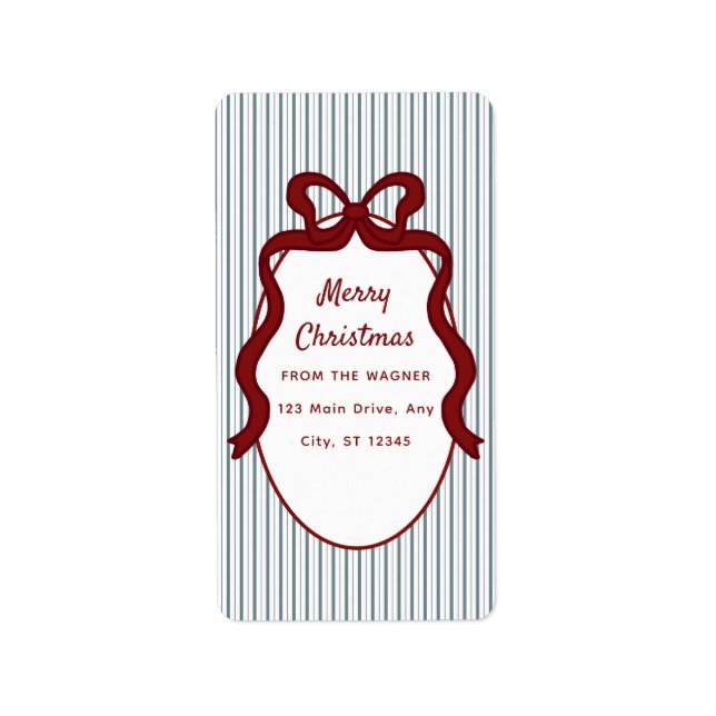 Red Blue Stripes & Bow Frame Christmas  Adressaufkleber (Vorne)