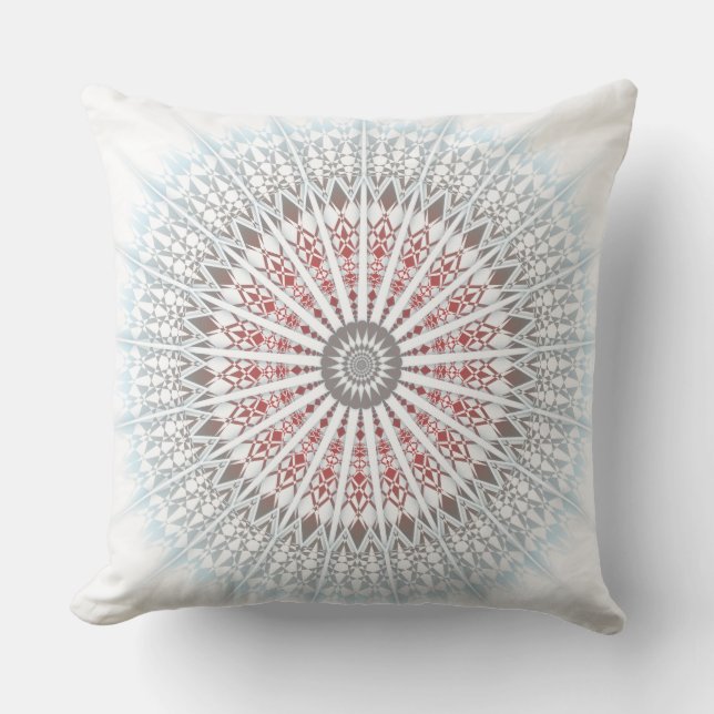 Red Blue Taupe White Mandala Geometric Modern Kissen Für Draußen (Vorderseite)