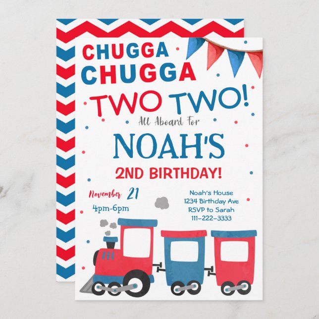 Red Blue Train 2. Geburtstag Einladung (Vorne/Hinten)