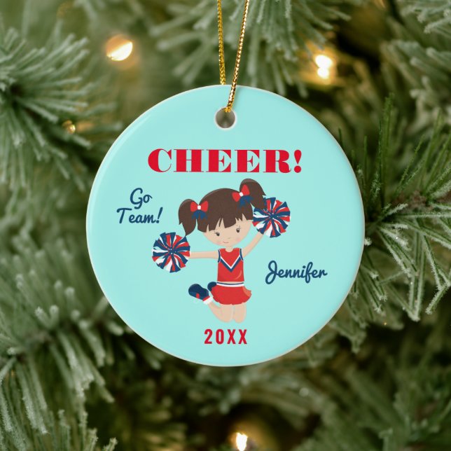 Red, Blue und Aqua Cheer Brünett Cheerleader Keramik Ornament (Baum)