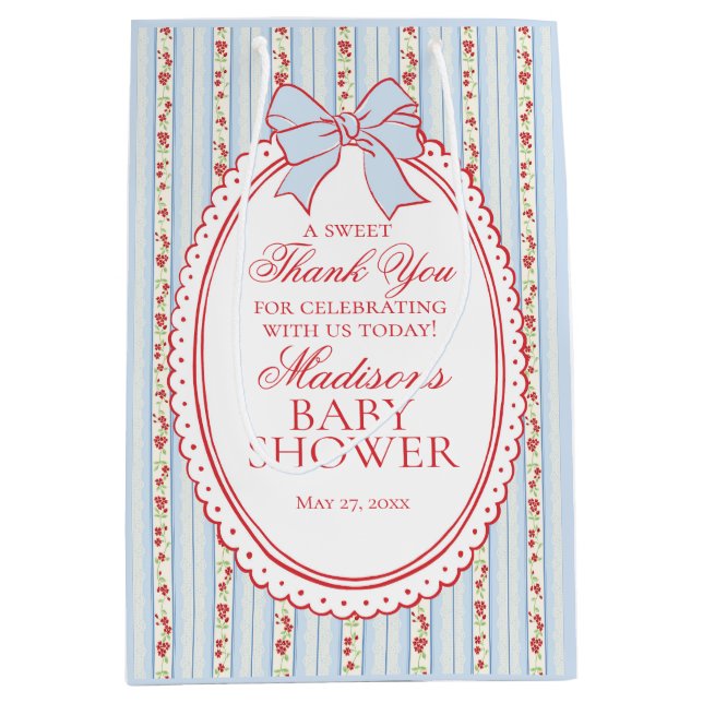 Red & Blue Vintage Fancy Floral Baby Shower Favors Mittlere Geschenktüte (Vorderseite)