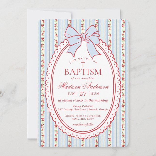 Red & Blue Vintage Fancy Floral Baptism Einladung (Vorderseite)