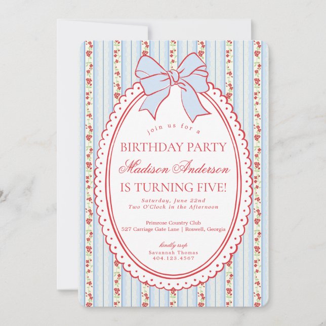 Red & Blue Vintage Fancy Floral Birthday Party Einladung (Vorderseite)
