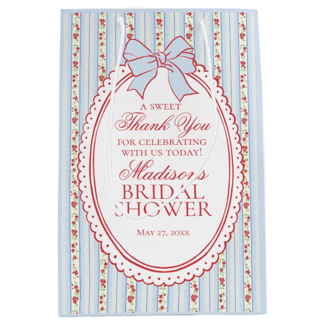 Red Blue Vintage Fancy Floral Bridal Shower Favors Mittlere Geschenktüte (Vorderseite)