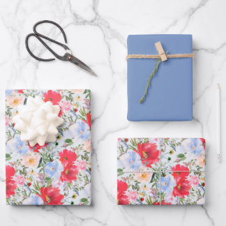 Red Blue Watercolor Florals Geschenkpapier Set