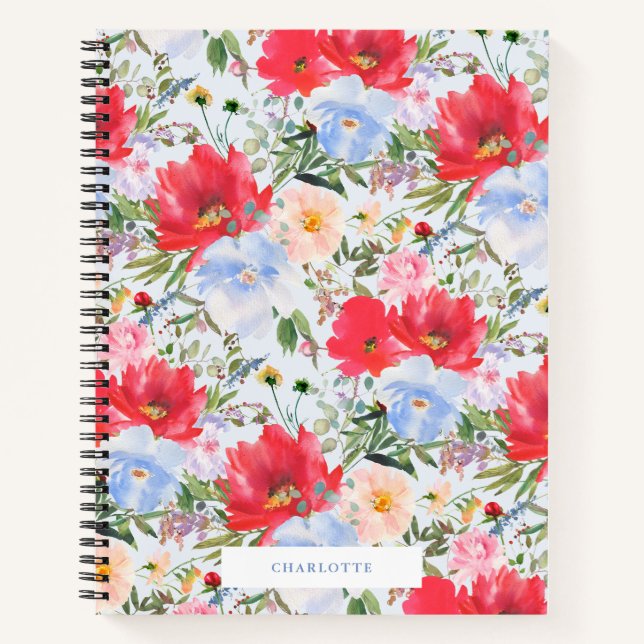 Red Blue Watercolor Florals Spiral Notebook Notizbuch (Vorderseite)