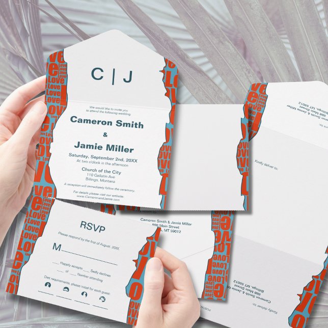 Red Blue Wedding Irreguläre Typografie Border All In One Einladung (Red Blue Wedding Irregular Typography Border All In One Invitation)