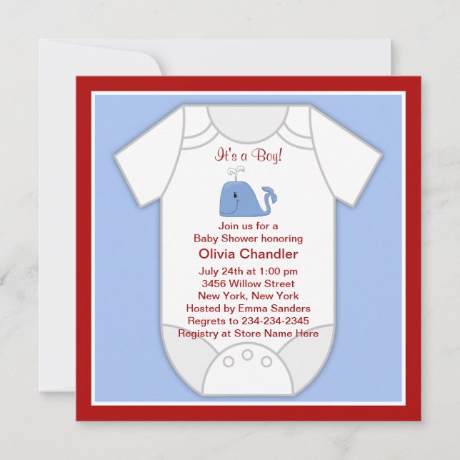 Red Blue Whale Baby Boy Dusche Einladung (Vorderseite)