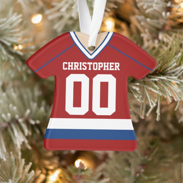 Red/Blue/White Custom Hockey Jersey Ornament (Baum)