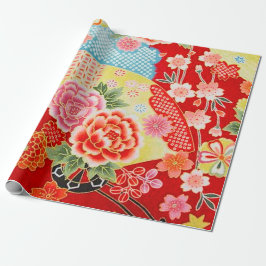 Red Blue Yellow Japanese Kimono Floral Decoupage Geschenkpapier