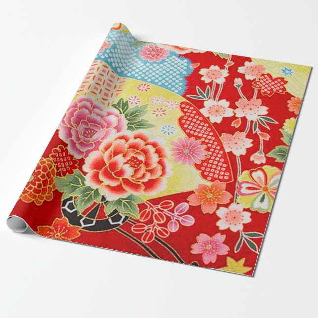Red Blue Yellow Japanese Kimono Floral Decoupage Geschenkpapier (Ungerollt)