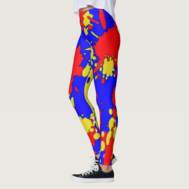 Red Blue Yellow Paint Spritzer Abstrakte Leggings (Links)