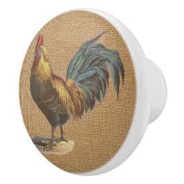 Red Blue Yellow Rooster auf Imitate Jute Burlap Keramikknauf