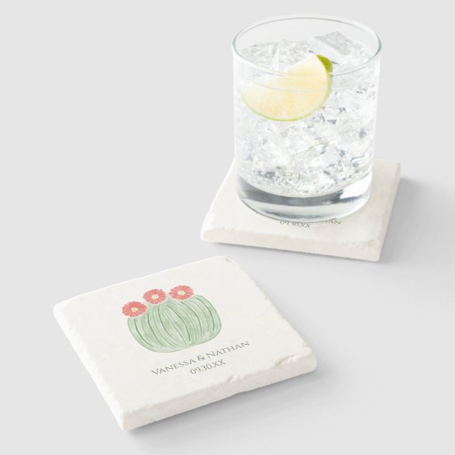 Red Blume Barrel Cactus Gastgeschenk Hochzeit Steinuntersetzer (Seitenansicht)