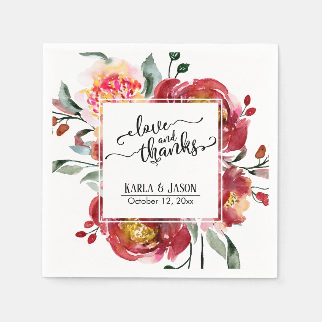 Red Blume Bouquet, Liebe und Dank Typografie Serviette (Vorderseite)