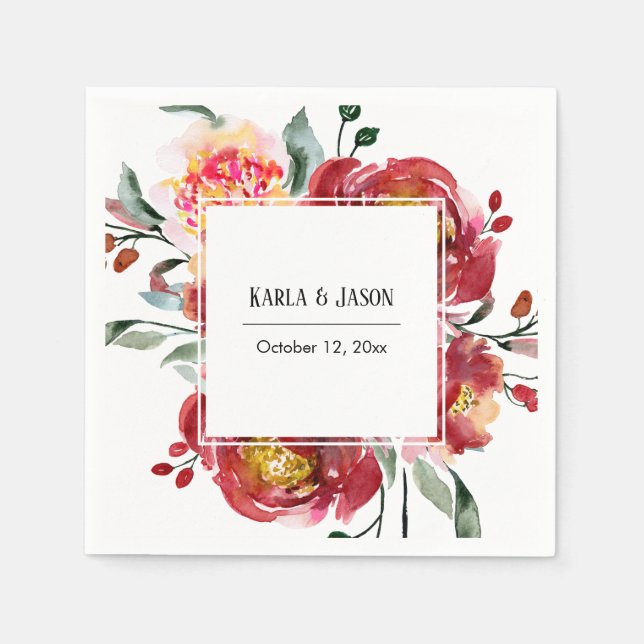 Red Blume Bouquet mit Namen und Datum Serviette (Vorderseite)