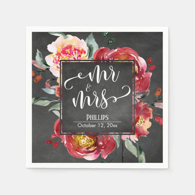Red Blume Bouquet Mr & Mrs Typografy Chalkboard Serviette (Vorderseite)