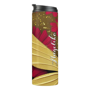 Red Blume Gold Glitzer Personalisiert Name Thermosbecher