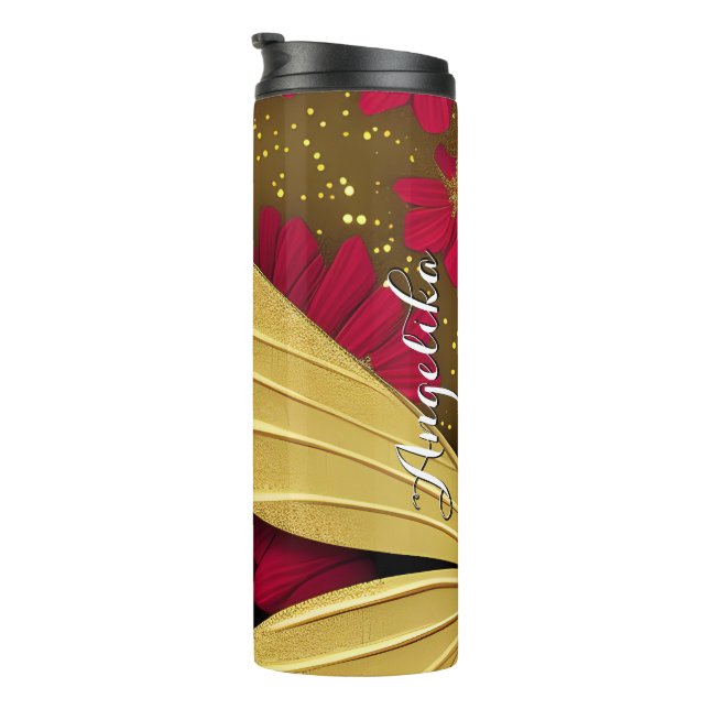 Red Blume Gold Glitzer Personalisiert Name Thermosbecher (Nach rechts gedreht)