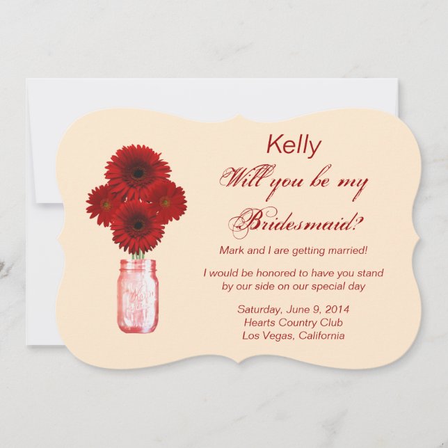 Red Blume Mason Jar Bridesmaid Card Einladung (Vorderseite)
