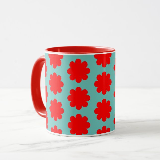 Red Blume über Aqua Blue Retro Vibe Tassen Cup (Vorderseite Links)