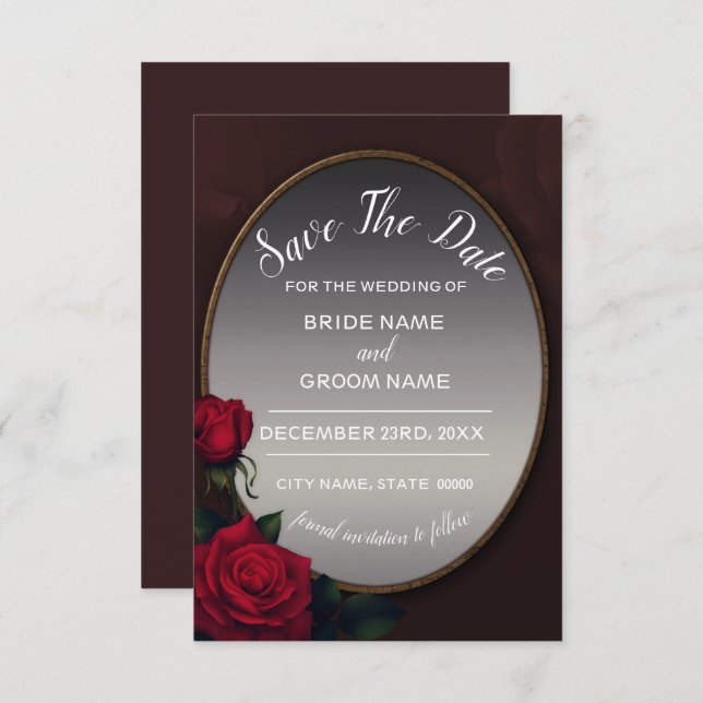 Red Blush Floral Silver Gray Mirror Save The Date (Vorne/Hinten)