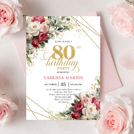 Red blush roses chic gold accents card 80 birthday einladung